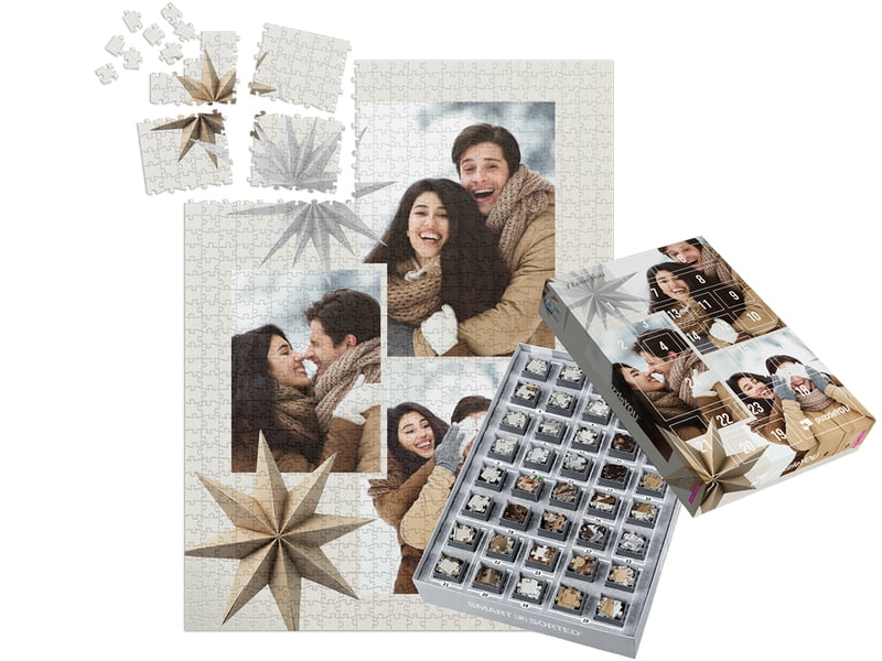 Puzzle de 1000 peças para 24 dias - design de colagem natalício, incluindo caixa personalizável
