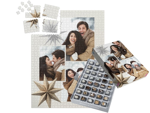 Puzzle de 1000 peças para 24 dias - design de colagem natalício, incluindo caixa personalizável