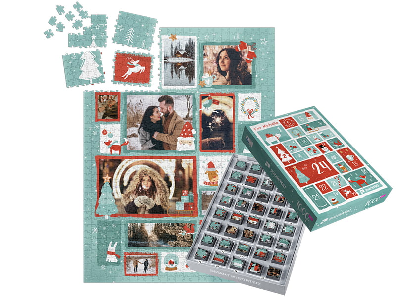 Colagem de puzzle fotográfico com 24 imagens e caixa natalícia