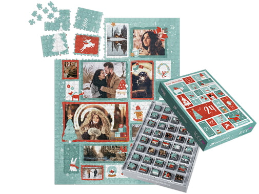 Colagem de puzzle fotográfico com 24 imagens e caixa natalícia